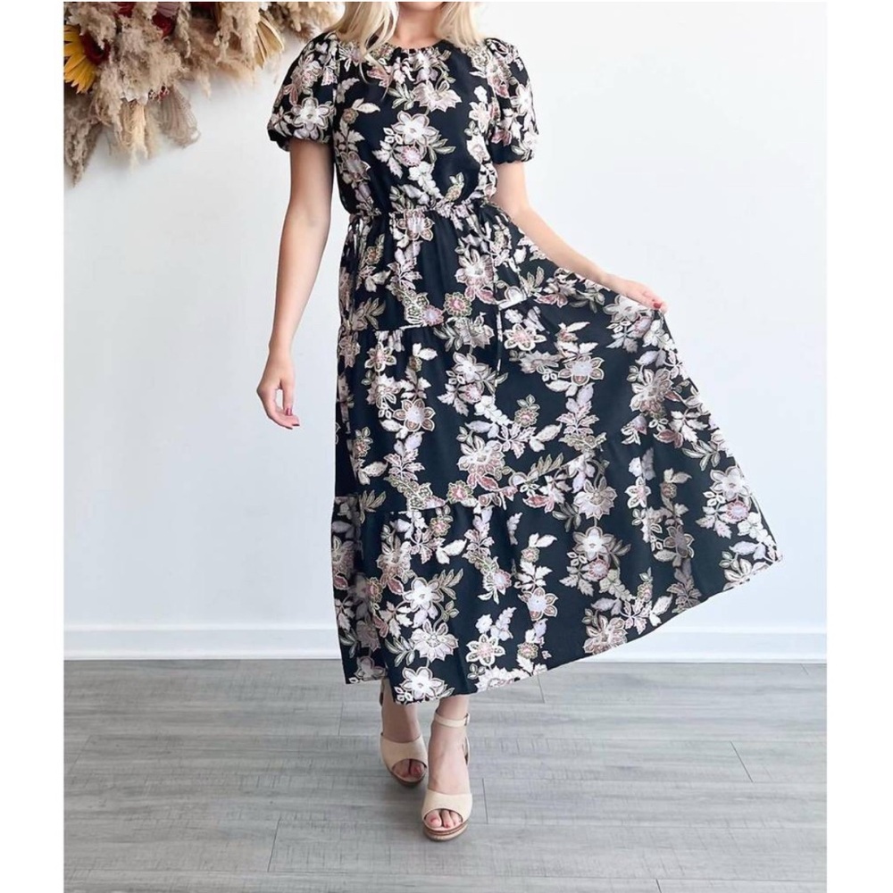 NWT! MINKPINK Women’s LARGE Willow Midi Dress in Black Floral Puff Sleeve - Picture 2 of 10
